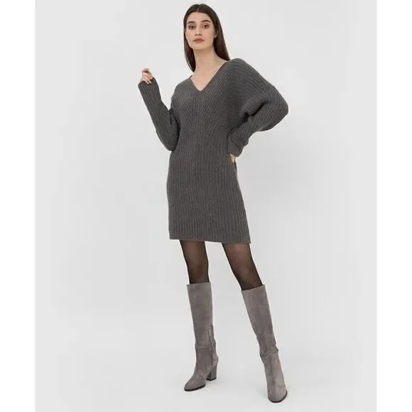 Theory | Dresses | Theory Sculpted Gray Knit Dress Vneck Ribbed Dress  Cashmere Woolblend Medium M | Poshmark